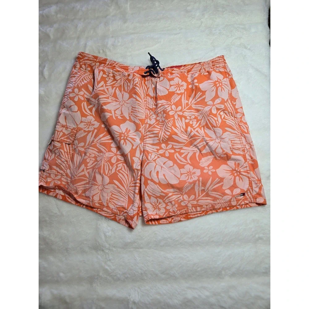 Tommy Hilfiger Mens XXL Orange Floral Hibiscus Swim Trunks Lined Board Shorts